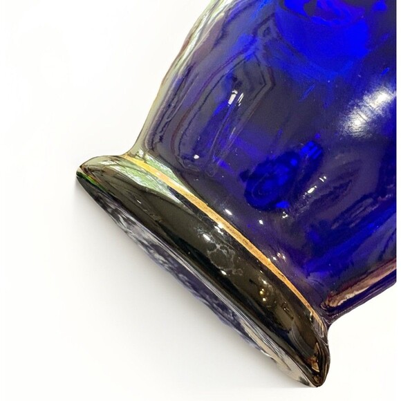 Vtg Cobalt Blue Glass Pitcher Hand Blown Hand Painted Flowers Ruffled Gilded - Picture 5 of 5